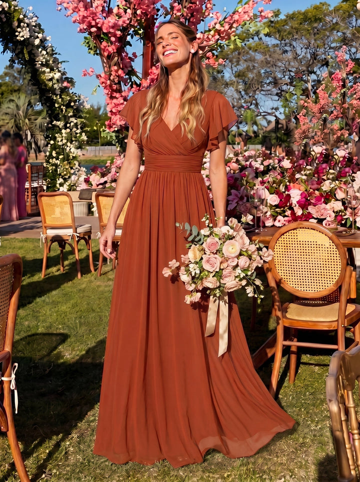 Claire|Robe demoiselle d'honneur en mousseline manches plissées avec découpe au dos