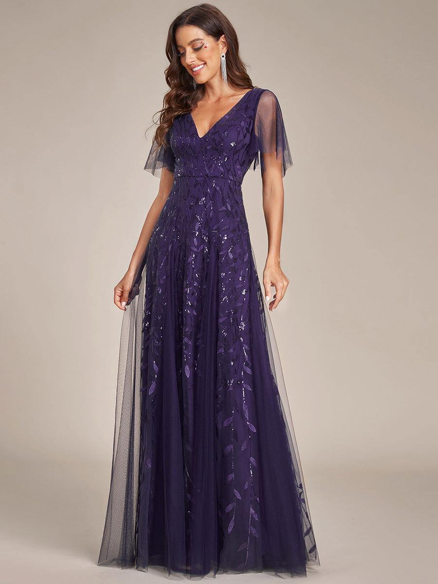 Adèle|Robe de Soirée Longue Romantique et Scintillante à Col V et Pailletes