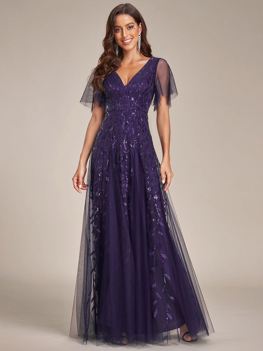 Adèle|Robe de Soirée Longue Romantique et Scintillante à Col V et Pailletes