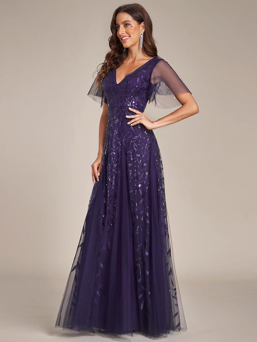 Adèle|Robe de Soirée Longue Romantique et Scintillante à Col V et Pailletes
