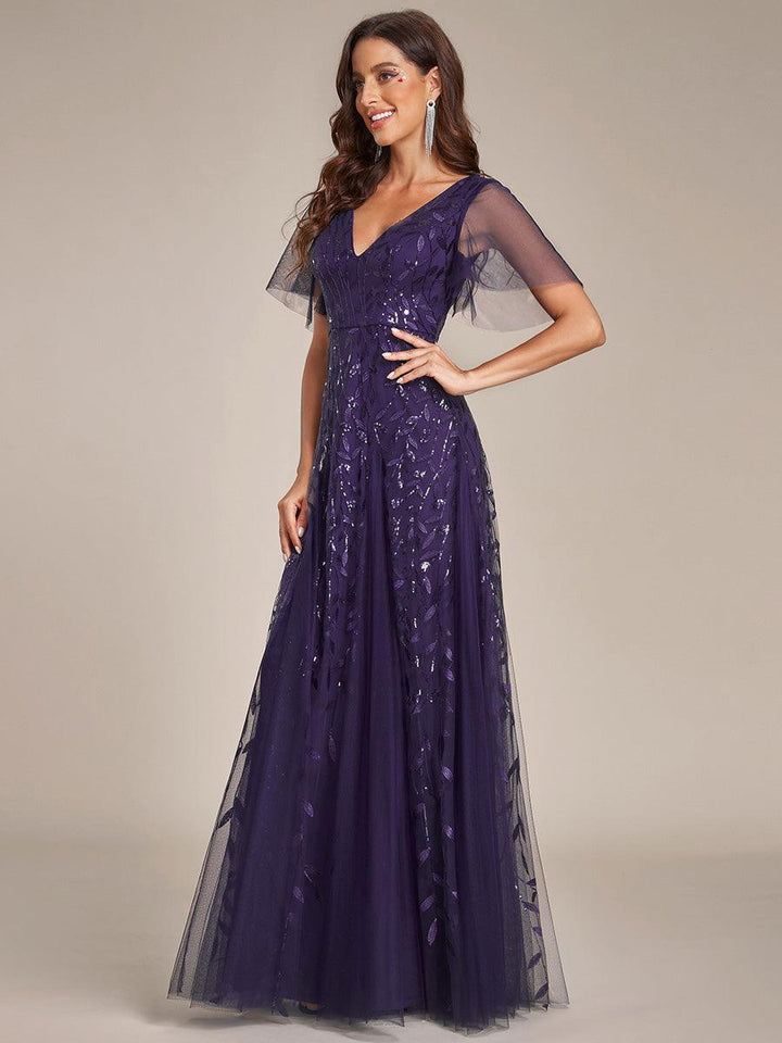 Adèle|Robe de Soirée Longue Romantique et Scintillante à Col V et Pailletes
