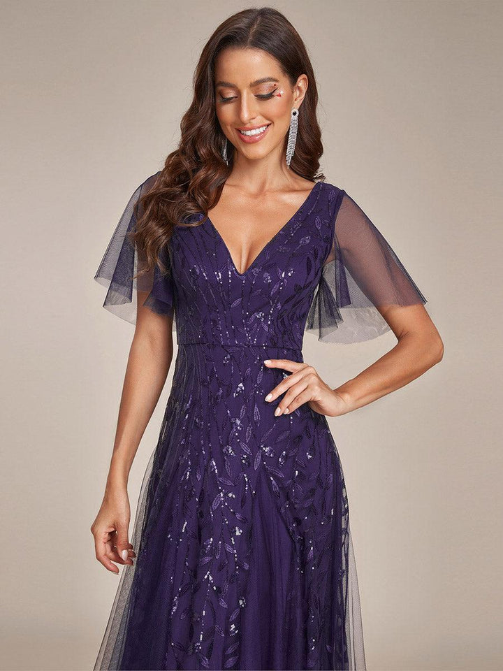 Adèle|Robe de Soirée Longue Romantique et Scintillante à Col V et Pailletes