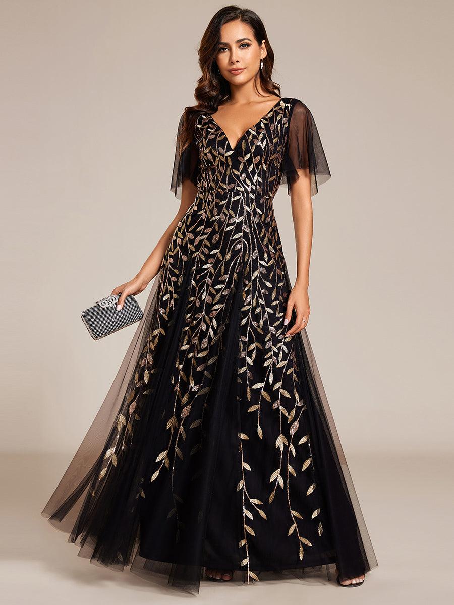 Adèle|Robe de Soirée Longue Romantique et Scintillante à Col V et Pailletes