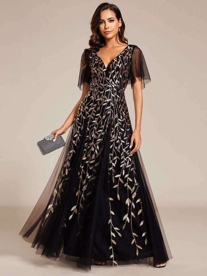 Adèle|Robe de Soirée Longue Romantique et Scintillante à Col V et Pailletes
