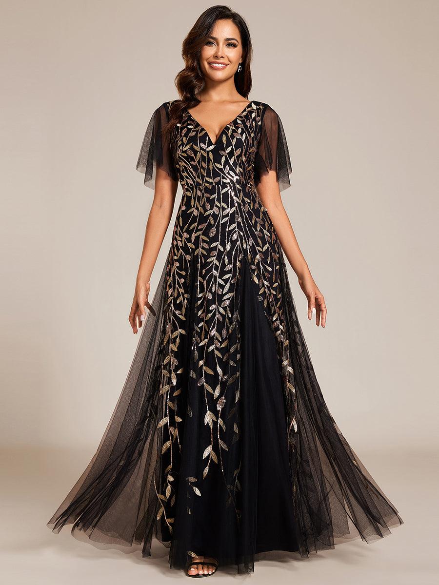 Adèle|Robe de Soirée Longue Romantique et Scintillante à Col V et Pailletes
