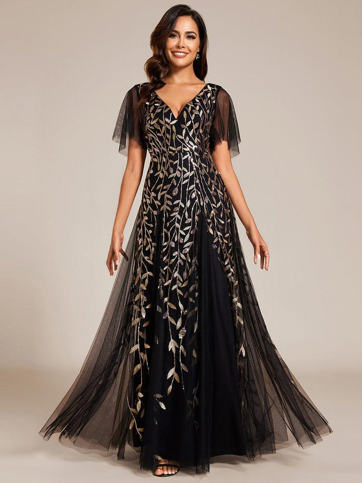 Adèle|Robe de Soirée Longue Romantique et Scintillante à Col V et Pailletes