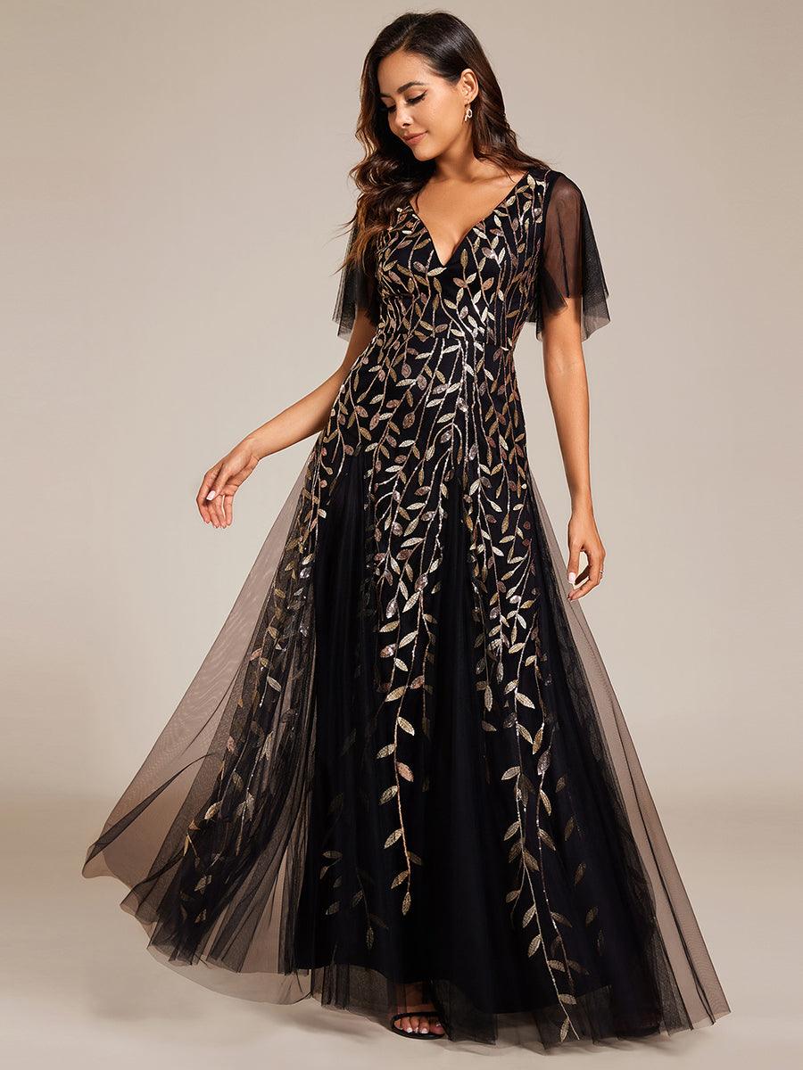 Adèle|Robe de Soirée Longue Romantique et Scintillante à Col V et Pailletes