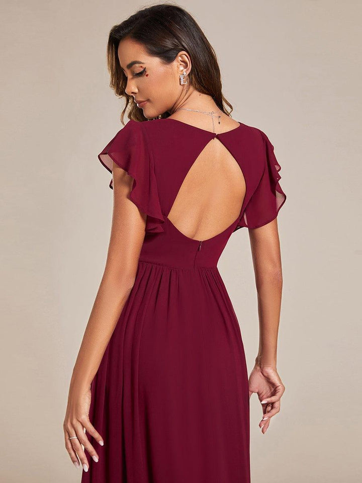 Claire|Robe demoiselle d'honneur en mousseline manches plissées avec découpe au dos