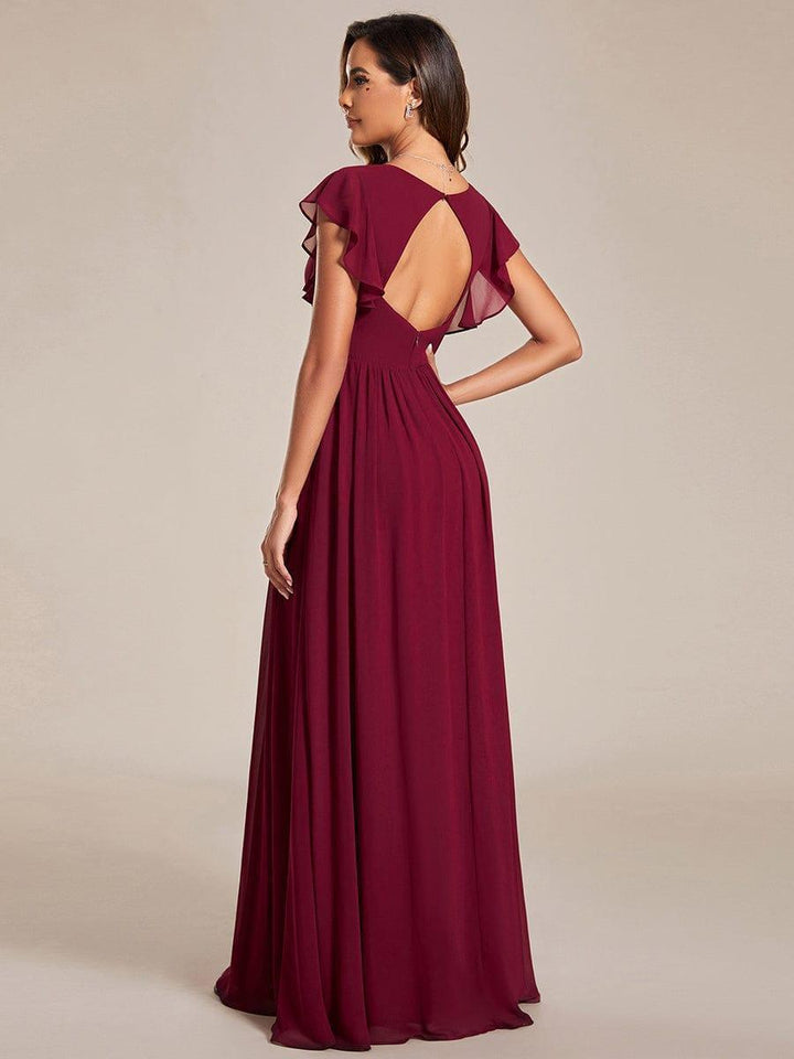 Claire|Robe demoiselle d'honneur en mousseline manches plissées avec découpe au dos