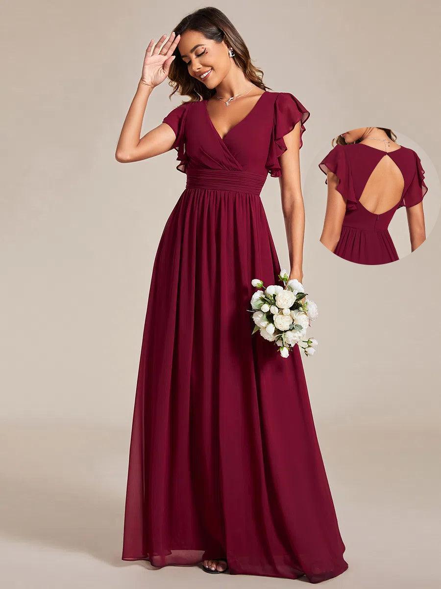 Claire|Robe demoiselle d'honneur en mousseline manches plissées avec découpe au dos