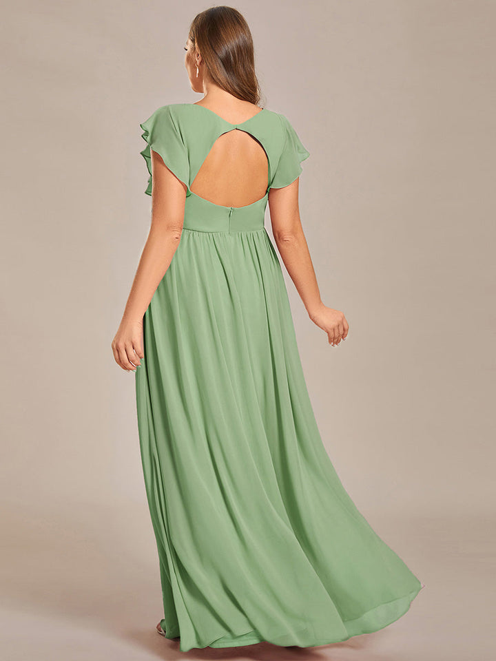 Claire|Robe demoiselle d'honneur en mousseline manches plissées avec découpe au dos