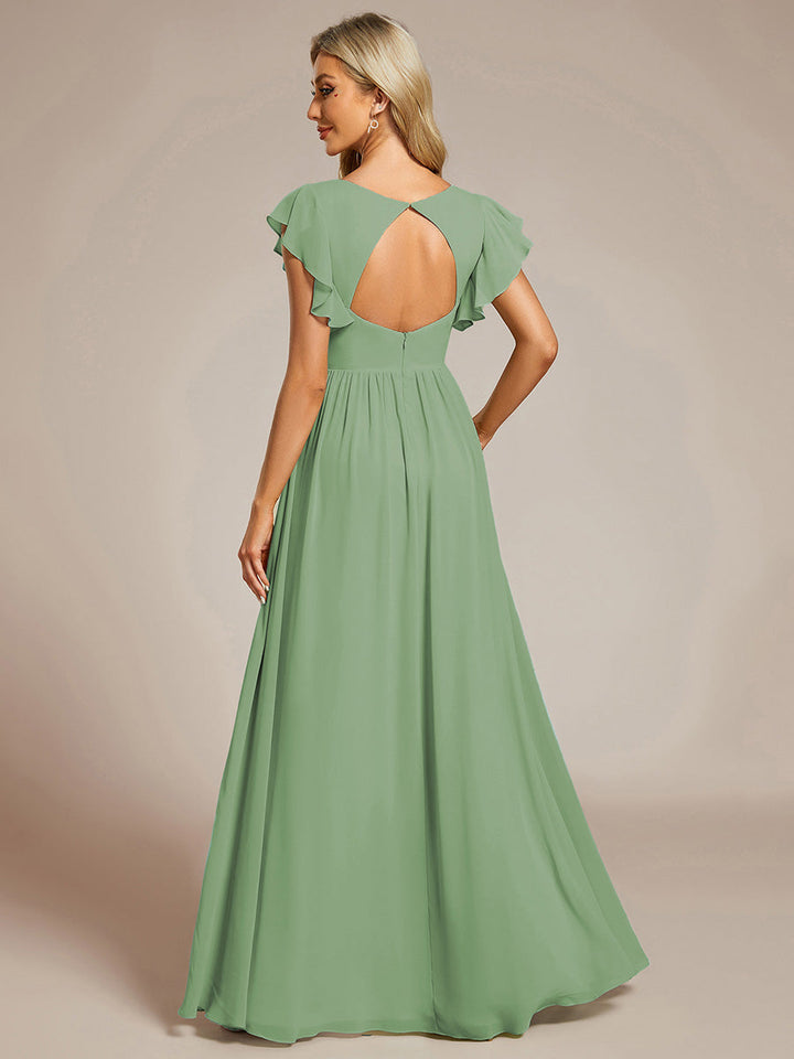 Claire|Robe demoiselle d'honneur en mousseline manches plissées avec découpe au dos